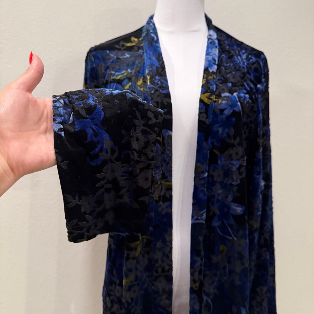 Susan Graver Blue Floral Burnout Velvet Cardigan Medium Sheer Office Fall Winter - Picture 5 of 9